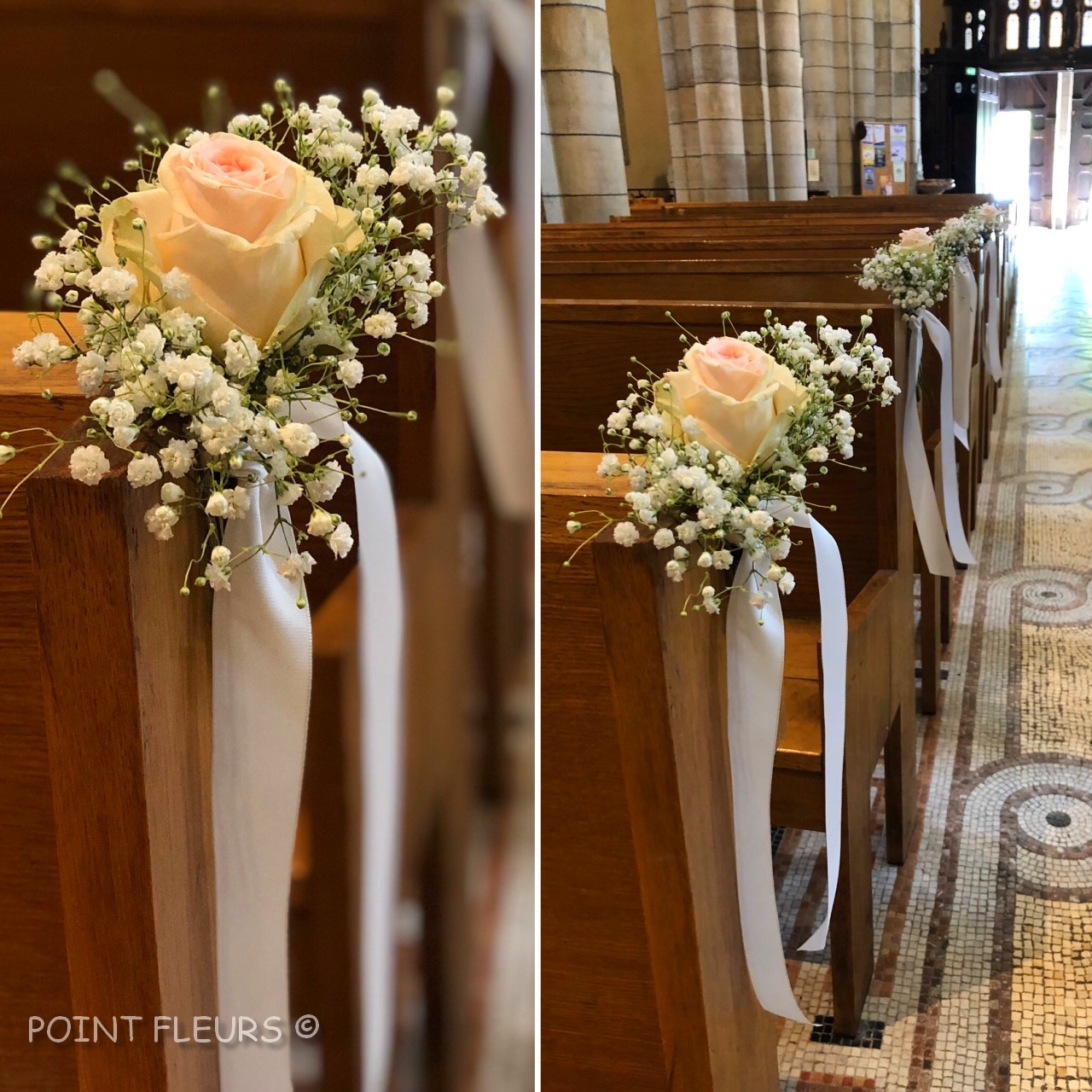 Bancs d'église avec de la Rose rose et du Gypsophile - Point Fleurs